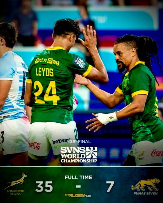 🥇🇿🇦 BLITZBOKS CLINCH HISTORIC HONG KONG GOLD BY DISMANTLING ARGENTINA 🏆

Congratulations to coach Philip Snyman and the South African boys who hammered Argentina in a clinical display of power to secure their first ever Hong Kong Sevens title. 

The men in green were relentless from the start, suffocating the Pumas with a defensive wall that gave the South American side zero room to breathe. 

The 35-7 scoreline reflects a total demolition where the Blitzboks dominated every facet of play, from clinical restarts to lightning-fast transitions. 

Argentina looked shell-shocked as the South African pack forced error after error, turning every turnover into a strike. It was a statement performance that saw the team peak at exactly the right moment to climb the top step of the podium in the series opener.

⸻
👉 The boys were absolutely clinical today and showed exactly what happens when you control the breakdown from the first whistle! – Jay | JPS
⸻

The victory was built on physical intimidation and a refusal to let Argentina find any attacking rhythm. While the Pumas managed a solitary converted try, they were largely bystanders to a green wave that swept across Kai Tak Sports Park. 

This historic championship win marks a massive turnaround for the squad, finally claiming the one trophy that has eluded South African sevens for decades. 

They handled the pressure of the final with veteran composure, ensuring the gold medal was never in doubt once they established their early double-digit lead.

MATCH DATA
* Final Score: South Africa 35-7 Argentina
* Tournament: HSBC SVNS Hong Kong
* Discipline: Zero Saffa yellow cards

Now the question remains, can any team stop this Blitzbok momentum heading into the next leg?

✅ NOPE!
❌ Pumas were unlucky

🎙️ Story by JustPlainSport .com
📸 Photo by HSBC SVNS

#JustPlainSport 🏉 | #RSAvARG  #rugby #SouthAfrica #HK7s #Blitzboks #SAvARG