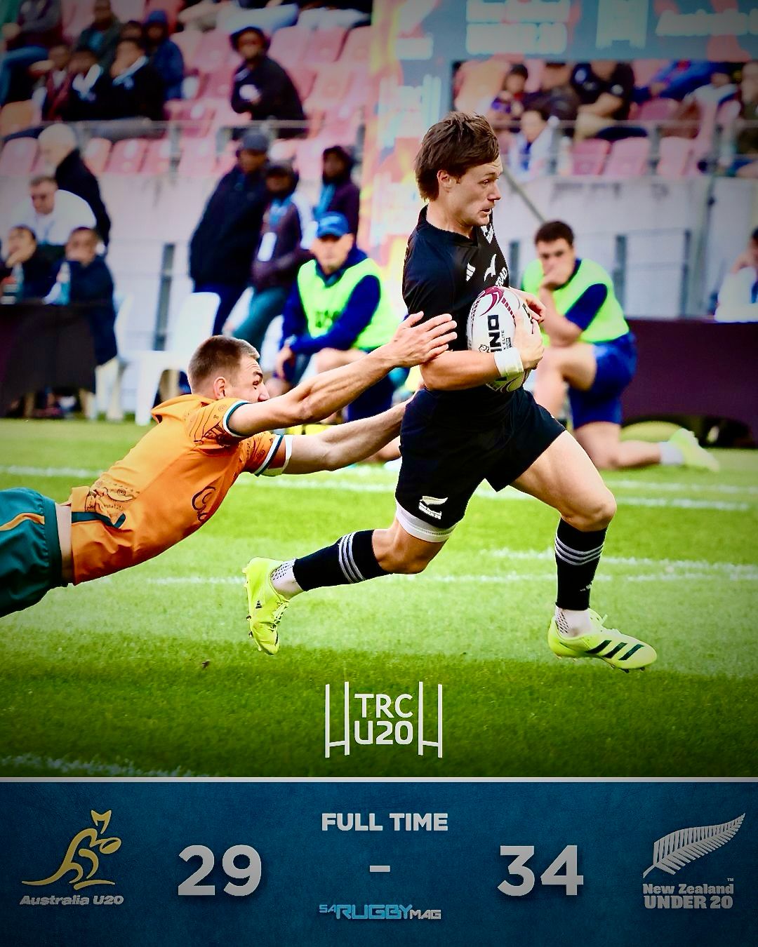 🇳🇿 NEW ZEALAND U20 OVERCOME MASSIVE HALFTIME DEFICIT IN THRILLER 🇦🇺

NEW ZEALAND 34-29 AUSTRALIA was the result after an incredible comeback at Nelson Mandela Bay Stadium.

The Baby Blacks looked like they had stalled at the tracks during a dismal opening period. Trailing 12-24 at the interval, the young Kiwis needed a massive shift to stay in the contest.

⸻
👉 Coming back from twelve points down shows massive character for these young men in black. – Jay | JPS
⸻

They produced a stunning second-half recovery to snatch victory from the jaws of defeat.

New Zealand’s pack finally found their groove after the break, grinding down the opposition defense to regain control. While the Wallabies dominated the first forty minutes, their momentum cratered under a relentless black wave.

Australia crossed the chalk four times early on to leave the Kiwis reeling and gasping for air. However, the technical execution from the New Zealanders in the closing stages ensured they did not see the game slip. They overturned a twelve-point deficit with clinical finishing and superior discipline under high pressure.

The young Wallabies managed a late surge but the New Zealand defense held firm as the clock ticked past 77:45. This result keeps the championship race wide open as teams prepare for their final round assignments in South Africa.

It was a gritty performance that highlighted the depth of talent currently developing in the southern hemisphere.

TECHNICAL DATA

NEW ZEALAND U20: 34
AUSTRALIA U20: 29
HALFTIME SCORE: 12-24
COMPETITION: THE RUGBY CHAMPIONSHIP U20

Can the young Wallabies find the consistency needed to challenge for the title?
✅ YES
❌ NO

🎙️ Story by JustPlainSport .com
📸 Image via SA Rugby Mag

#JustPlainSport 🏉 | #NZLvAUS #rugby #SouthAfrica #U20Championship
