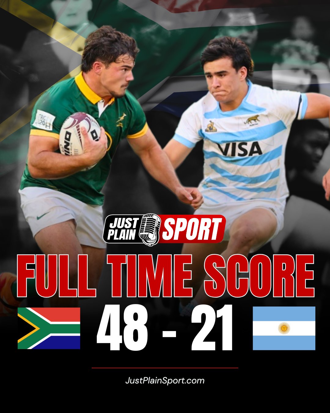 🇿🇦 JUNIOR SPRINGBOKS CRUSH ARGENTINA 48-21 IN MANDELA BAY 🏉

The Young South Africans delivered a physical masterclass at Nelson Mandela Bay Stadium to open their 2026 campaign. 

⸻
👉 Our pack really stepped up to control the tempo when it mattered most, effectively suffocating their high-tempo game. – Jay | JPS
⸻

Can the Junior Boks maintain this physical dominance throughout the championship?
✅ YES
❌ NO

🎙️ FULL STORY on JustPlainSport .com
📸 Images via SA Rugby

#JustPlainSport 🏉 | #RSAvARG #rugby #SouthAfrica #U20Championship #JuniorBoks