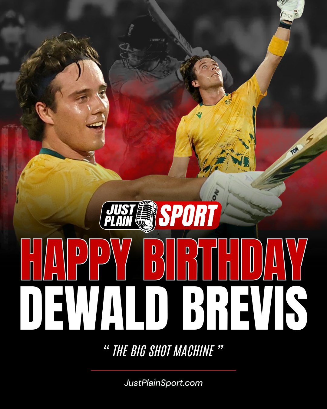 🎂 HAPPY BIRTHDAY DEWALD BREVIS! 🇿🇦

The boundary ropes offer no sanctuary when this young powerhouse steps into the arena to claim his territory. The man they call DB has evolved into a calculated enforcer of the white ball, dismantling bowling attacks with clinical precision and the raw strength of a natural-born warrior.

The technical general holds the record for the highest individual score in South African T20 history with a relentless 162 off 57 balls. 

Having decimated the record books with 506 runs in a single Under-19 World Cup, he has proven himself a high-impact asset in the world’s most unforgiving franchise trenches.

Off the field, the young warrior carries his meteoric rise with grounded humility and a quiet dedication to the craft. He remains a leader by example, showing the next generation that true dominance is forged through elite discipline and a relentless hunger for victory.

⸻
👉 “Dewald has been brutal with the bat when he is hot. It will be great to see him becoming more consistent as he matures, as he will be unstoppable!” – Jay | JPS
⸻

🎙️ Story by JustPlainSport .com
📸 Photos via SA Cricket

#JustPlainSport 🏏 | #Birthday #DewaldBrevis #Proteas #Cricket