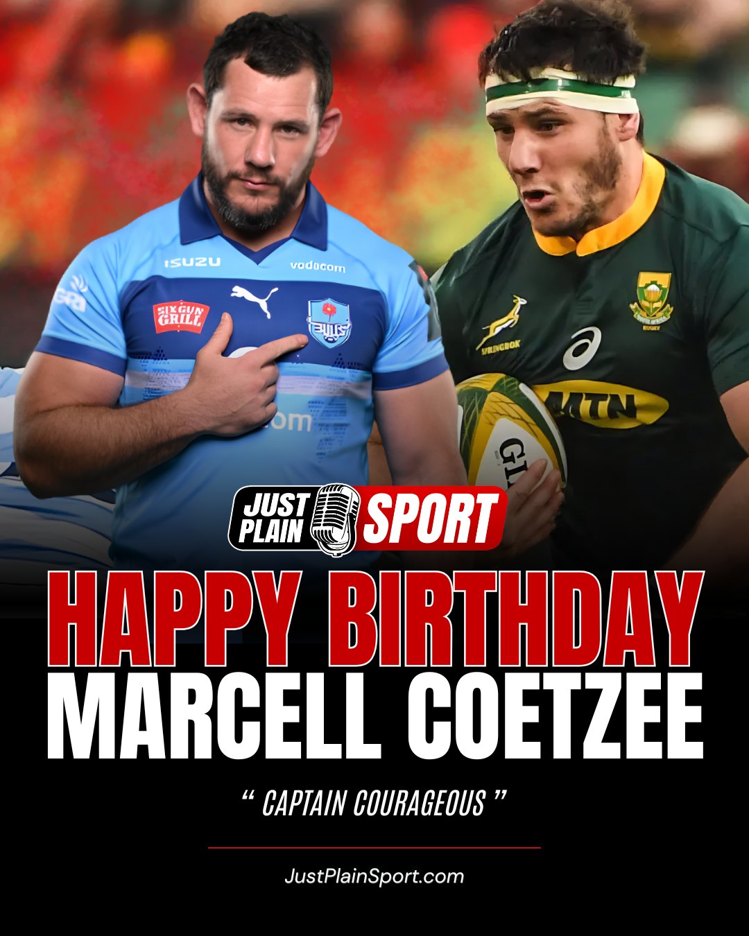 🎂 HAPPY BIRTHDAY MARCELL COETZEE 🇿🇦

The relentless loosie remains the definitive alpha male in the modern game, a warrior whose physical dominance has made him an iconic powerhouse across both hemispheres. 

Marcell is a world-class breakdown specialist, blending his explosive carrying intent with a defensive grit that has redefined the role of a modern back-row powerhouse.

Now back leading the charge as Captain Courageous in the trenches at Loftus Versfeld with the Bulls, the veteran continues to deliver elite-level impact. With 31 Test caps for the Springboks and a trophy cabinet featuring multiple domestic titles, including leadership roles with Ulster and now the Bulls, his career is a testament to consistency and high-impact dominance.

Beyond the chalk lines, the veteran bruiser commands immense respect through his calm leadership and humble character. 

He remains the heartbeat of every engine room he commands, providing the technical versatility and warrior spirit that continues to inspire his teammates and dominate his opposition.

⸻
👉 “He’s a true warrior who leads by example. His impact on the field and commitment to the badge is legendary!” 
– Jay | JPS
⸻

📸 Photo by Vodacom Bulls / SA Rugby
🎙️ Story by JustPlainSport.com

#JustPlainSport 🏉 | #Birthday #MarcellCoetzee #Bulls #Springboks #Rugby