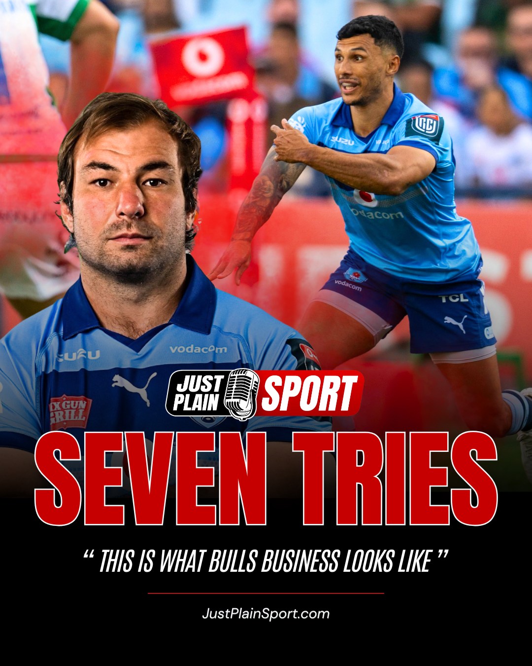 SEVEN TRIES! 🏉 THIS IS WHAT BULLS BUSINESS LOOKS LIKE.

The Vodacom Bulls turned up for business at Loftus Versfeld on Saturday. 

Seven tries, a bonus point before half-time, and a home URC quarter-final secured. Benetton never stood a chance...

🎙️ FULL STORY on JustPlainSport .com
📸 via Bulls Rugby / URC

#JustPlainSport 🏉 | #VodacomBulls #URC #BullsvBenetton #LoftusVersfeld #Rugby