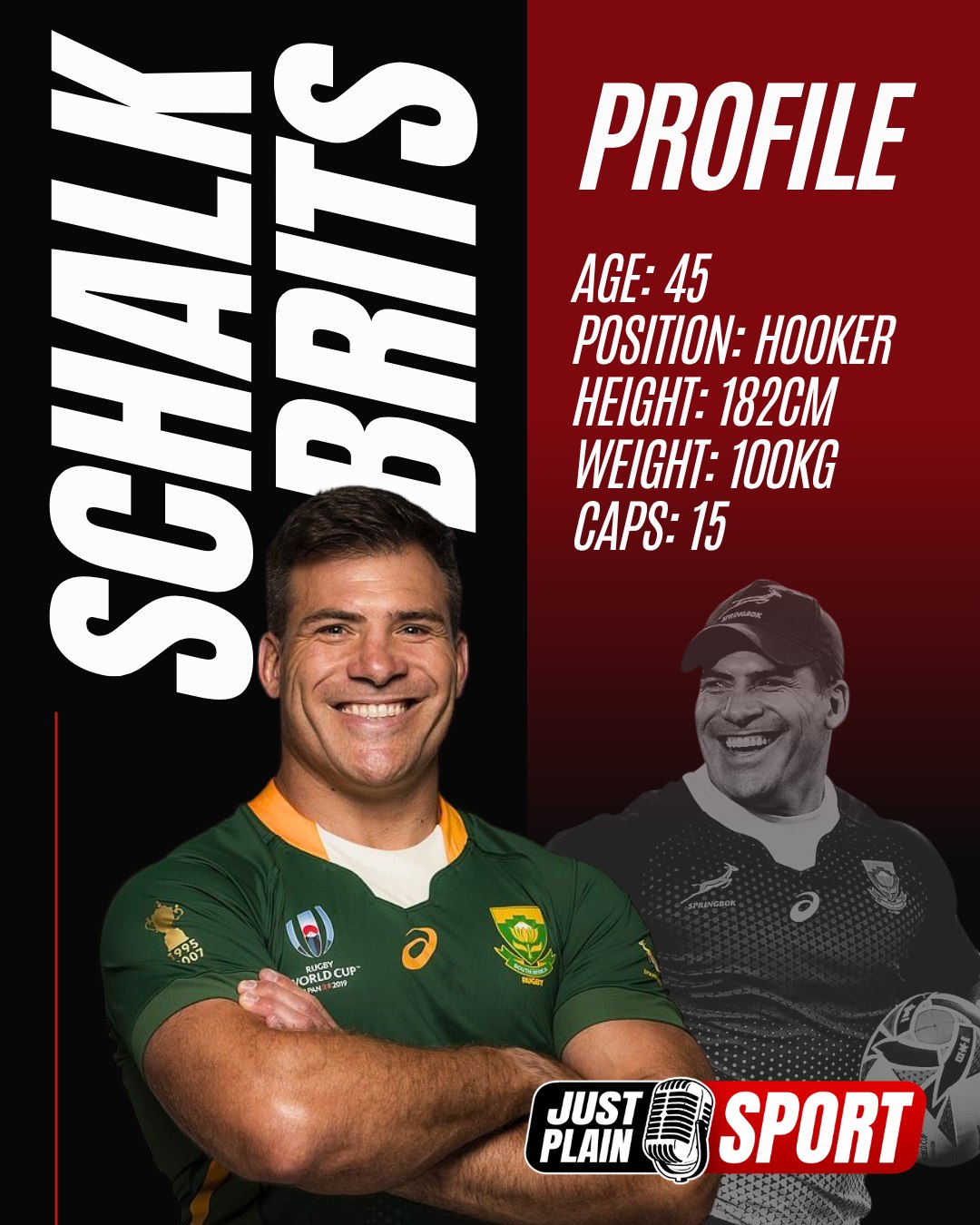 SCHALK BRITS - THE MAN WHO PROVED IT’S NEVER TOO LATE

Born 16 May 1981. World Cup winner at 38. Still smiling throughout. Schalk Burger Brits turned 45 on Saturday — and his story remains one of the most remarkable in South African rugby history...

🎙️ FULL STORY on JustPlainSport .com
📸 via SA Rugby

#JustPlainSport | #SchalkBrits #Springboks #Rugby #RWC2023