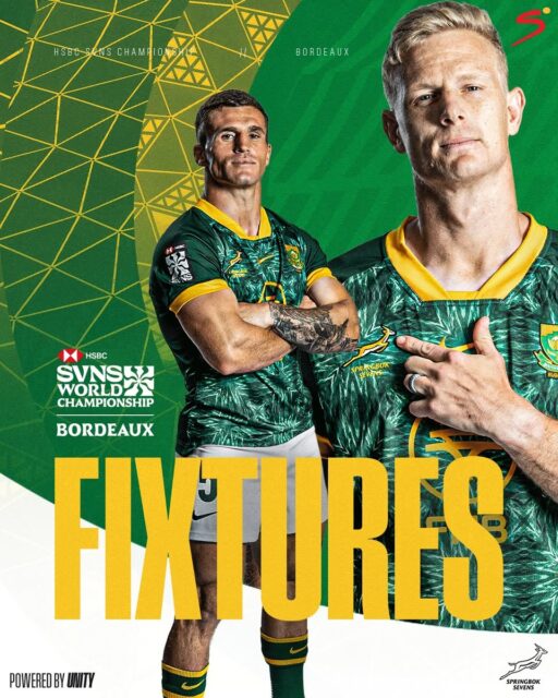 🇿🇦 THE BLITZBOKS ARE IN BORDEAUX — AND THE WORLD CHAMPIONSHIP TITLE IS WITHIN REACH! 🏉

South Africa head into the HSBC SVNS Bordeaux tournament as World Championship leaders with 38 points on the board — four clear of Argentina in second, with Australia on 30 and a three-way tie between Fiji, Spain, and New Zealand on 26. 

The Blitzboks have been drawn in Pool A, and all three matches are live on SuperSport at South African times:

📅 Friday 5 June — 15h06: South Africa vs Great Britain
📅 Friday 5 June — 20h36: South Africa vs Kenya
📅 Saturday 6 June — 11h06: South Africa vs Fiji

HERE'S WHAT THE HEAD-TO-HEAD RECORD SAYS GOING IN:

vs Great Britain — Played 17, won 12. Average score 21–12. Last match: Valladolid 2026 — won 17–12.
vs Kenya — Played 73, won 64. Average score 26–10. Last match: Valladolid 2026 — won 14–0.
vs Fiji — Played 111, won 46. Average score 16–17. Last match: New York 2026 Cup final — won 10–7.

HERE IS THE FULL SQUAD PHILIP SNYMAN HAS NAMED FOR BORDEAUX:

#2 Ryan Oosthuizen — 64 tournaments | 290 points | 58 tries
#3 Impi Visser (Captain) — 52 tournaments | 245 points | 49 tries
#4 Zain Davids — 59 tournaments | 255 points | 51 tries
#5 Ricardo Duarttee — 24 tournaments | 389 points | 26 tries | 127 conversions
#8 Selvyn Davids — 48 tournaments | 793 points | 107 tries | 129 conversions
#10 Dewald Human — 33 tournaments | 330 points | 30 tries | 90 conversions
#11 Siviwe Soyizwapi — 66 tournaments | 805 points | 161 tries
#12 Shilton van Wyk — 34 tournaments | 385 points | 77 tries
#14 Quewin Nortje — 14 tournaments | 170 points | 34 tries
#15 Donavan Don — 15 tournaments | 123 points | 23 tries
#16 Sebastiaan Jobb — 10 tournaments | 100 points | 20 tries
#19 David Brits — 16 tournaments | 60 points | 12 tries
#24 Tristan Leyds — 19 tournaments | 249 points | 31 tries | 47 conversions
#31 Jayden Nell — 3 tournaments | 5 points | 1 try

Back the Blitzboks this weekend. 💚💛🏉

#Blitzboks #HSBCSVNS #Bordeaux2026 #SVNSWorldChampionship #Rugby7s #Bokke  #JustPlainSpor