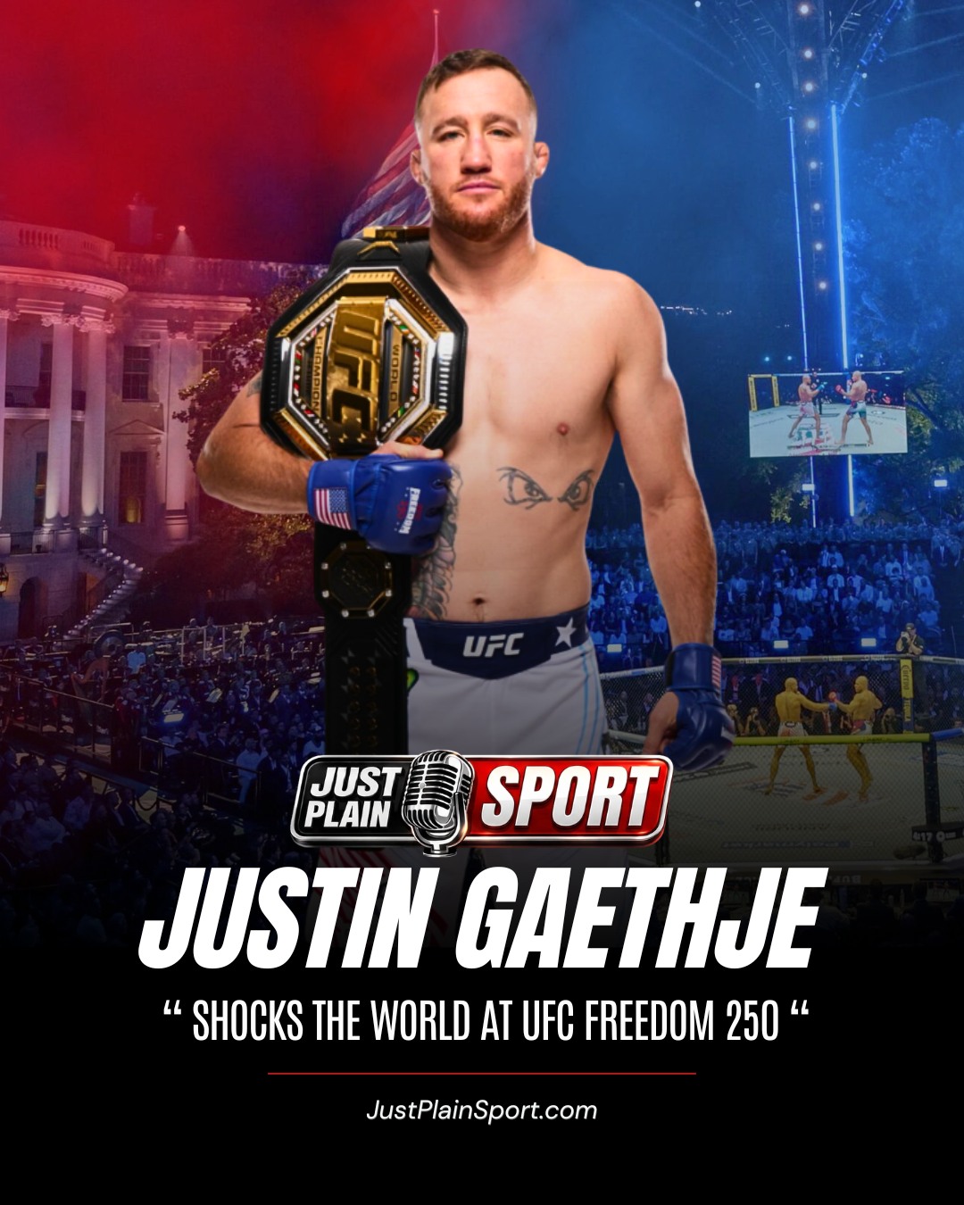 JUSTIN GAETHJE SHOCKS THE WORLD AT THE WHITE HOUSE 🥊🇺🇸
He told himself he was going to lose.
That’s not a fighter’s nerves talking. That’s not pre-fight psychology dressed up for a press conference. That was Justin Gaethje, 37 years old, carrying the interim UFC lightweight belt into the most theatrical arena in combat sports history, actively convincing himself failure was coming.
“I told myself I was going to get embarrassed,” he would say afterward, “so I can go to my most primal place and dig deep.”
What followed, on the South Lawn of the White House in Washington D.C., in front of a sitting American president on his 80th birthday, against the most feared lightweight on the planet, was not embarrassment. It was one of the most extraordinary upsets in UFC history...
🎙️ FULL STORY on JustPlainSport .com
#JustPlainSport #justingaethje #ufc