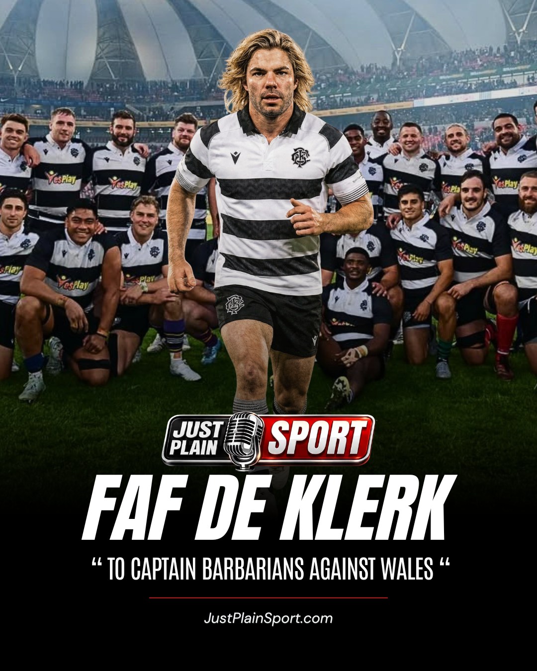 🏉 FAF DE KLERK TO CAPTAIN THE BARBARIANS AGAINST WALES 🏴󠁧󠁢󠁷󠁬󠁳󠁿

A week after coming off the Springbok bench in Port Elizabeth, Faf de Klerk has been handed the captain’s armband for the Barbarians.

 The scrum-half will lead one of rugby’s most storied invitational sides when they face Wales this Saturday at Allianz Stadium, Twickenham—a role that carries genuine weight in the sport’s calendar, even outside Test rugby.

👉🎙️ FULL STORY ON JUSTPLAINSPORT .COM

#JustPlainSport #FafDeKlerk #Rugby #barbariansrugby