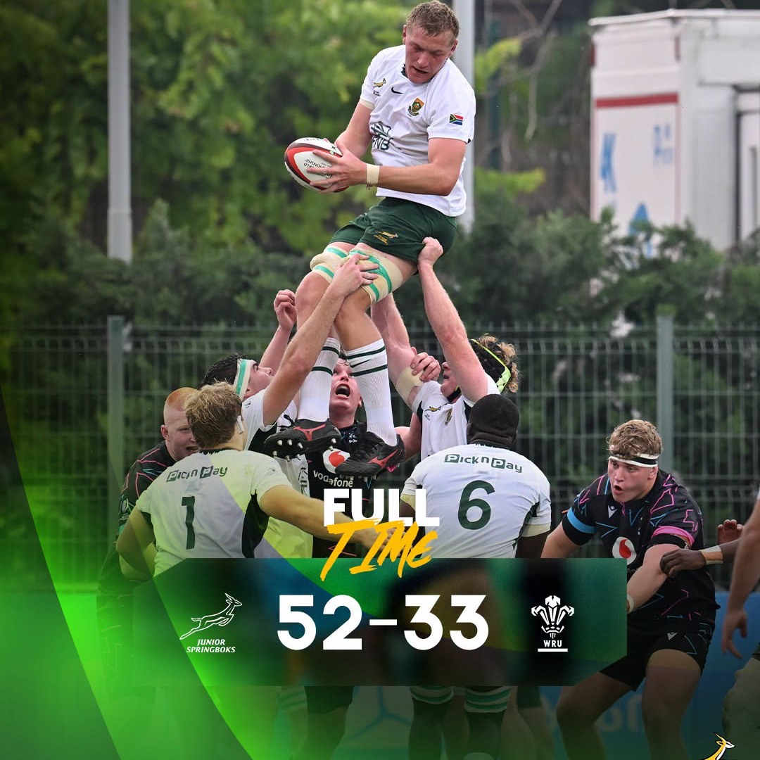 🇿🇦 JUNIOR BOKS COMPLETE FLAWLESS POOL CAMPAIGN AT WORLD JUNIOR CHAMPIONSHIP 🔥

The Young South Africans have completed the pool phase of the World Rugby Junior World Championship with a 100 percent record, beating Wales U20 52-33 at Avchala Stadium in Tbilisi on Tuesday.

It wasn't the routine procession the final scoreline suggests.

Wales, unbeaten themselves coming into the match, tore into the Junior Boks from the kick-off.

Winger Caio James crossed inside three minutes, converted by Carwyn Leggatt-Jones, and Steffan Emanuel added a second try soon after. Just nine minutes in, the defending champions found themselves 14-0 down in a match they had to win to guarantee a home run into the semi-finals.

The response was immediate.

Hendre Schoeman got the Junior Boks on the board in the 11th minute, and Ethan Adams followed with a try of his own five minutes later, both converted by Yaqeen Ahmed.

There was a personal storyline behind those conversions. Ahmed started at flyhalf in place of the concussion-sidelined Luan Giliomee, making his first appearance since serving a suspension picked up on SA 'A' duty. He didn't put a foot wrong off the tee all afternoon, finishing the match with six successful conversions.

From there, the Junior Boks began to find their rhythm, working through captain Siphosethu Mnebelele's driving-maul game to chip away at the deficit.

Wales lost flanker Jac Pritchard to a yellow card in the 34th minute, and the extra man told almost immediately.

"Wales came out swinging and for ten minutes it looked like the Junior Boks might actually be caught cold. What stood out was how quickly they reset. No panic, just composure, and that's exactly what you want to see from a group defending a title." -✍️ JAY | JPS