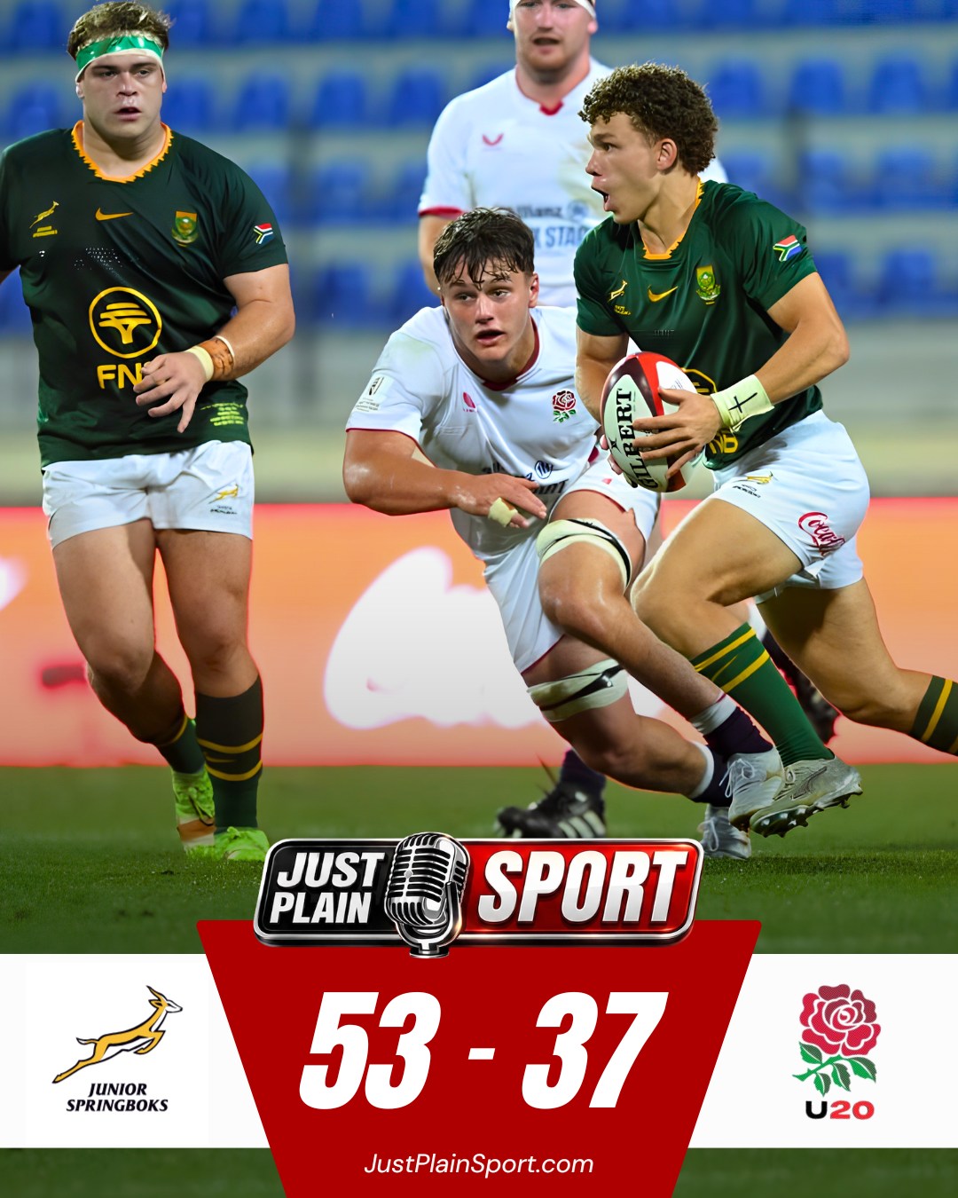 🇿🇦 JUNIOR BOKS SINK ENGLAND, REACH WORLD CHAMPIONSHIP FINAL 🏆🏉
The Junior Springboks are through to another Junior World Championship final after outlasting England 53-37 in a brutal semi-final slugfest at Avchala Stadium in Tbilisi on Monday.
It was not a comfortable afternoon. England came out of the blocks fastest, tighthead Ollie Streeter crashing over inside three minutes and flyhalf Hugh Shields adding the extras.
The defending champions hit back through Yaqeen Ahmed, but two Shields penalties and a well-worked try kept England ahead deep into the contest...
🎙️ FULL STORY on JustPlainSport .com
#JuniorBoks #SpringboksU20 #JuniorWorldChampionship