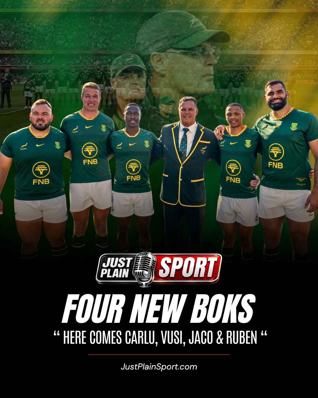 🇿🇦 FOUR NEW SPRINGBOKS: THE STORIES BEHIND WILLIAMS, MOYO, VAN HEERDEN AND SADIE'S TEST CALL-UPS 🏉
Four new names will be added to the list of Springboks Test caps on Saturday when Rassie Erasmus’s side takes on Wales at Hollywoodbets Kings Park in Durban.
Jaco Williams, Vusi Moyo, Ruben van Heerden and Carlu Sadie all win their first caps in the third round of the Nations Championship, and each of them has taken a completely different road to get there.
🎙️ FULL STORY on JustPlainSport .com
#JustPlainSport #RSAvWAL #Springboks #NationsChampionship