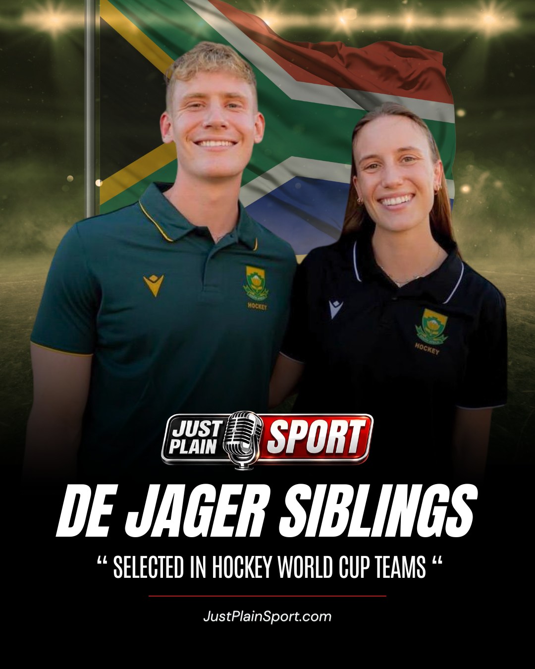 🇿🇦 BROTHER AND SISTER GOALKEEPERS NAMED FOR WORLD CUP 🏑

Two goalkeepers. One surname. One World Cup. 

Morgan and Cullin de Jager have been named in South Africa's squads for the 2026 FIH Hockey World Cup — brother and sister, both guarding the last line for their country on the same stage this August.

From school hockey together to national colours together. Congrats, Morgan and Cullin!

🎙️ FULL STORY on JustPlainSport .com

#SAHockey #Hockey #FIHWorldCup2026 #JustPlainSport