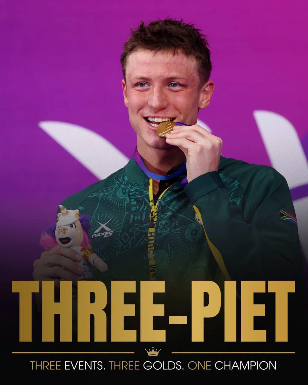 🚨 THREE-PIET! 🥇🥇🥇
Pieter Coetzé just completed the golden sweep at the 2026 Commonwealth Games in Glasgow!

🥇 50m backstroke ✔️�🥇 100m backstroke ✔️ (51.77 – new African & Games record)�🥇 200m backstroke ✔️

🥇Three events. Three golds. 
💪 One absolute champion.

What a statement from South Africa’s backstroke king. Absolute dominance in the pool! 🇿🇦🔥

Huge congratulations Pieter – you’ve made the nation proud!

#Glasgow2026 #threepeat  #Backstroke #swimmer #SouthAfrica 

– Jay | JustPlainSport