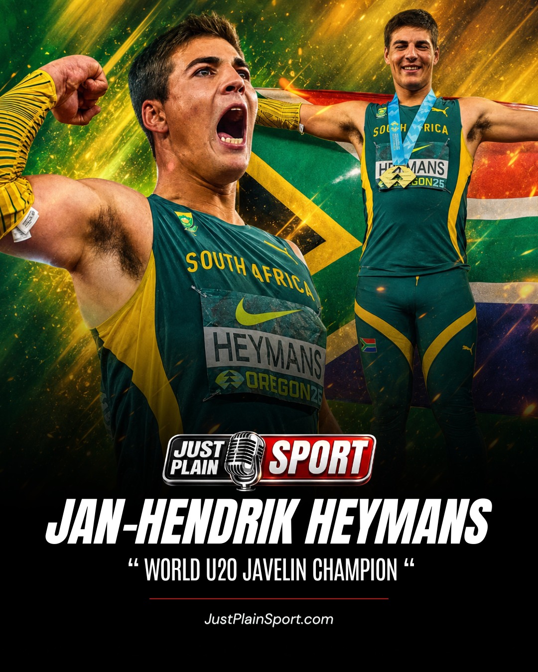 🇿🇦 HEYMANS SEALS JAVELIN GOLD WITH WORLD U20 LEAD 🔥

Jan-Hendrik Heymans has done it! 80.50m on his final throw seals javelin gold and the world U20 lead in Eugene 🏆

"Heymans didn't just win gold, he produced the throw of his career when the whole final was on the line. That's what champions do!" – 🎙️Jay

South Africa's first gold of the championships, and it's a monster!

👉Full breakdown on JustPlainSport .com

#JanHendrikHeymans #Javelin #WorldAthleticsU20 #Champion #JustPlainSport