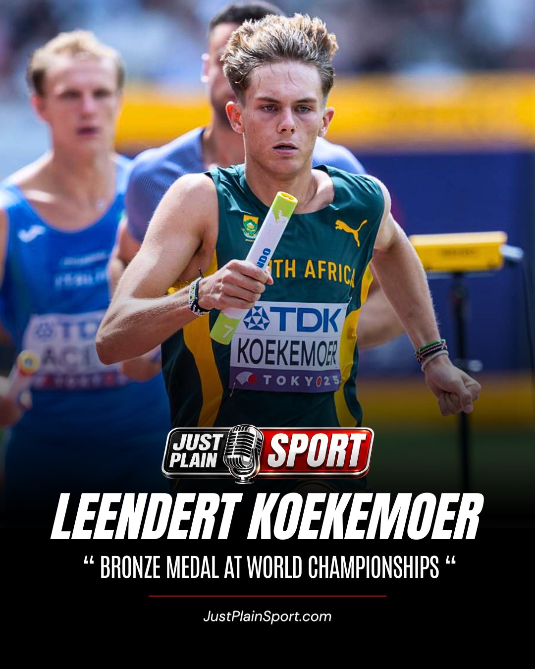 🇿🇦 KOEKEMOER WINS BRONZE AT WORLD U20 400M FINAL 🔥

Leendert Koekemoer has done it — bronze in the World U20 400m final! He clocked 44.96 in Eugene, holding off the chasing pack after leading off the final bend. "One race away turned into a bronze medal — Leendert Koekemoer just put South Africa on the World U20 podium!"

Gold went to the USA's Jayden Deleon in a championship record 44.47, with Quincy Wilson taking silver.

🎙️ FULL STORY on JustPlainSport .com

#WorldAthleticsU20 #LeendertKoekemoer #SouthAfrica #Athletics #JustPlainSport