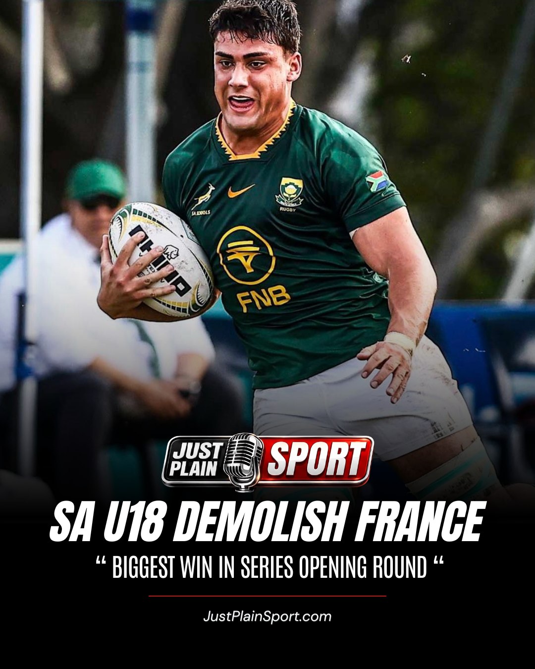 🇿🇦 SA U18 DEMOLISH FRANCE 52-7 IN RECORD ROUT 🔥

Eight tries, one record. SA U18 put 52 unanswered second-half points on France to open the U18 International Series with their biggest ever round-one win.

⸻
🗣️ "Three years, three France sides, three different margins — and each one bigger than the last. That's not form, that's a production line!" – 🎙️Jay
⸻

The unbeaten run rolls into year three, and it's not getting any closer.

Full match breakdown on JustPlainSport .com

#RSAvFRA #SchoolsRugby #SouthAfrica #U18InternationalSeries #JustPlainSport