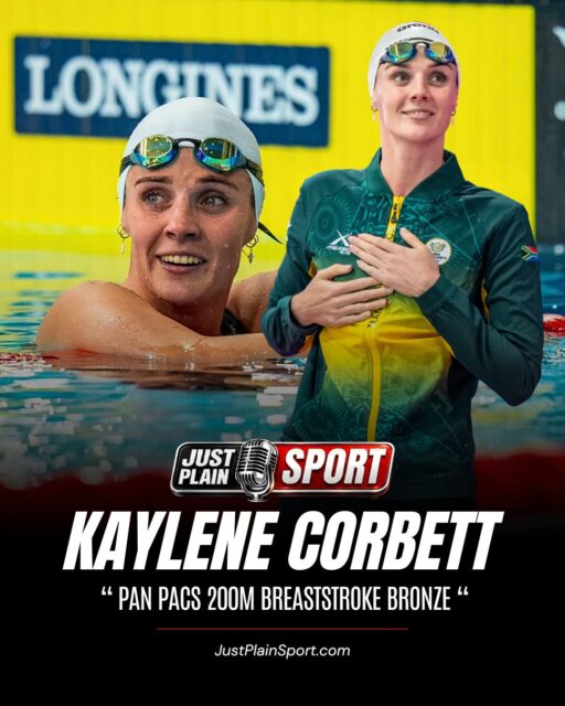 🇿🇦 CORBETT CLAIMS 200M BREASTSTROKE BRONZE AT PAN PACS 🏊‍♀️

Kaylene Corbett touched third in 2:22.97 in Irvine — her fastest 200m breaststroke at any major championship, and a third straight medal in thirteen months. 🥉

She led Kate Douglass turning for home. The Olympic champion closed in 36.93 to take silver by four tenths. Corbett still finished clear of the rest of the field.

⸻
🗣️ "Corbett has spent a decade being the other name in the lane, and she has now medalled at three straight major championships. Nobody hands you that!" – Jay
⸻

🎙️ FULL STORY on JustPlainSport .com
📸 Images via Kaylene Corbett IG / Team SA

#PanPacs2026 #KayleneCorbett #Swimming #SouthAfrica #JustPlainSport 🎙️
