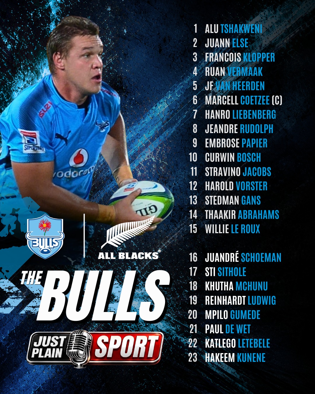 🇿🇦 BULLS READY TO TAKE ON THE ALL BLACKS 🐂
Johan Ackermann's Bulls run out against the All Blacks on Saturday, with four Springboks and two fresh signings in the run-on side at Loftus Versfeld.
⸻
🗣️ "Rugby's Greatest Rivalry rolls into Loftus and the Bulls picked the biggest possible stage to unveil their new signings!" – Jay
⸻
🎙️ FULL STORY on JustPlainSport .com
#BULvNZL #VodacomBulls #RugbysGreatestRivalry #SouthAfrica #JustPlainSport 🎙️