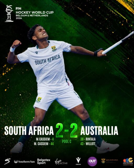 🇿🇦🔥 Congratulations to the South African men’s field hockey team!
Ranked only 14th in the world, they held the powerful World No. 4 Australia to a thrilling 2-2 draw at the FIH Hockey World Cup — a massive result for the underdogs!
M. Cassiem scored both goals 💥 pure heart and fight from the boys. Proud of this performance 💪🔥
#JustPlainSport #SouthAfrica #Hockey #FIHWorldCup #HockeyWorldCup2026