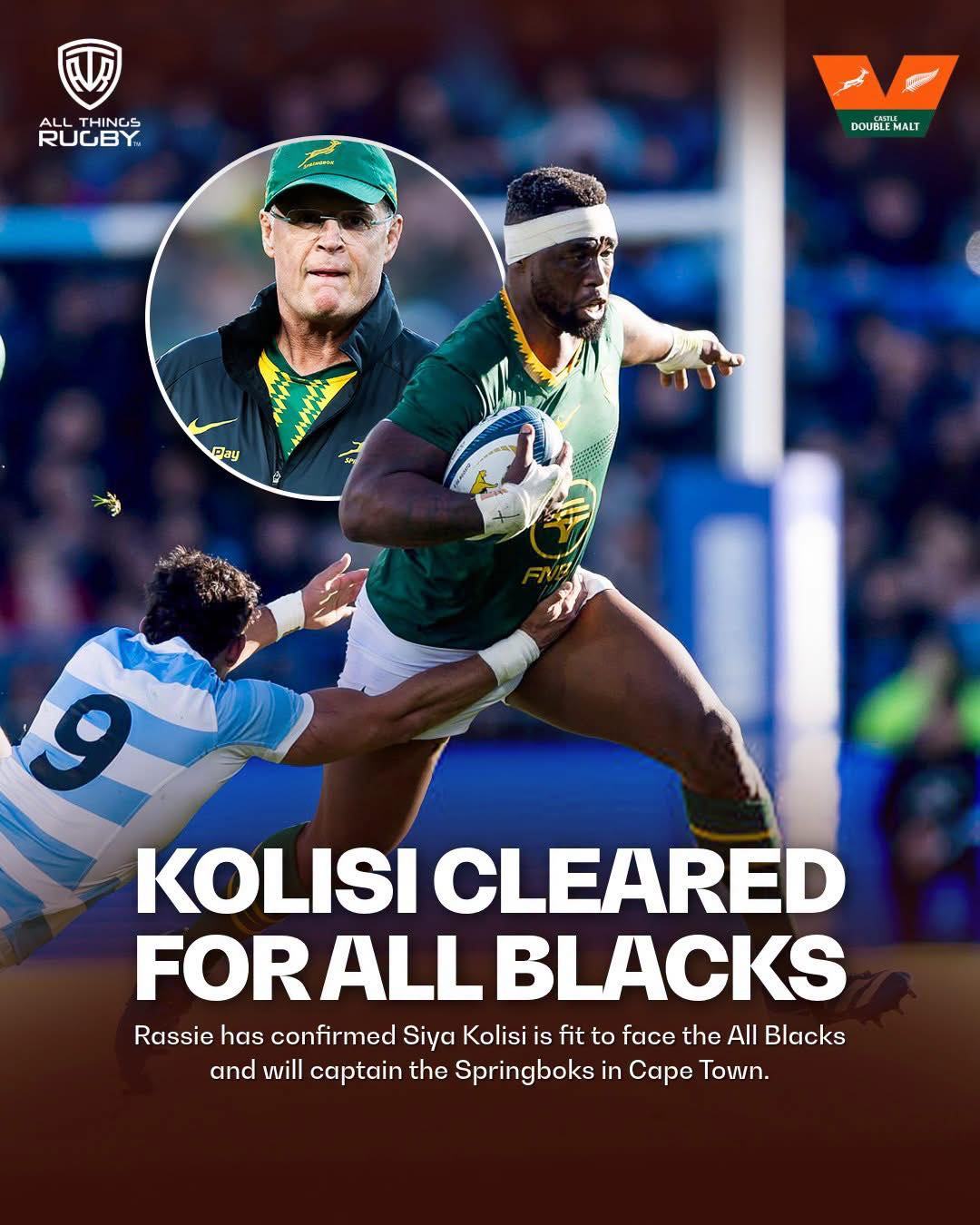 🚨 BREAKING NEWS!! Siya Kolisi will Captain the Springboks against The All Blacks on Saturday in Cape Town! #RSAvNZL