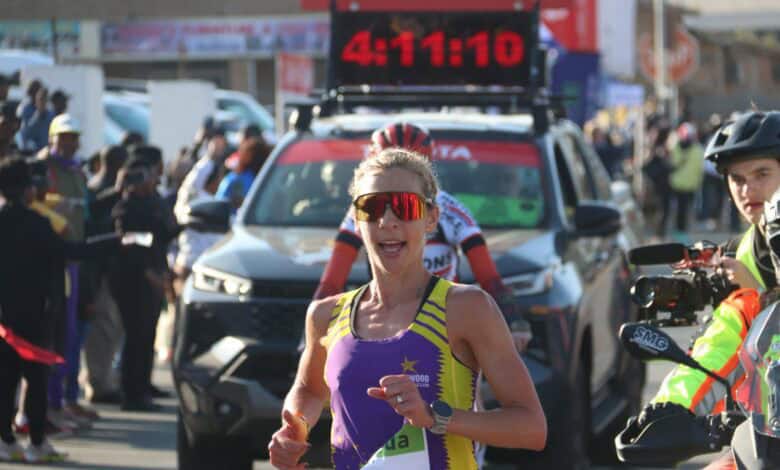 Gerda Steyn celebrates her fifth Comrades Marathon title after breaking the up-run record at the 2026 race in Pietermaritzburg