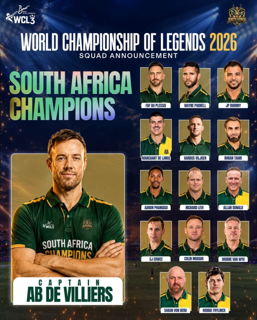 AB de Villiers captaining the South Africa Champions squad for the 2026 World Championship of Legends