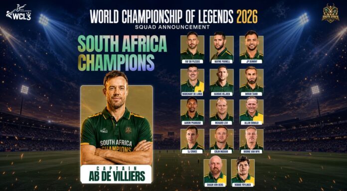 AB de Villiers captaining the South Africa Champions squad for the 2026 World Championship of Legends