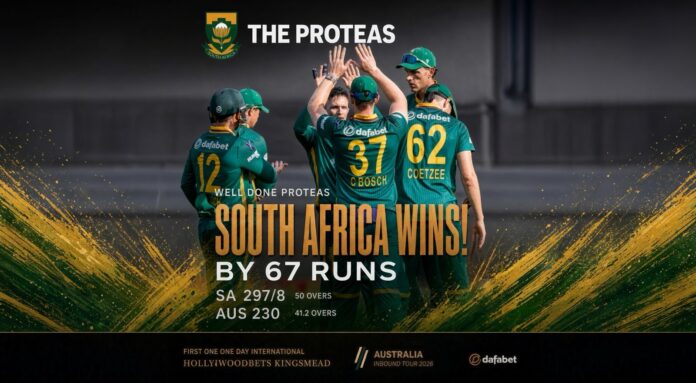 Matthew Breetzke celebrates his century in the South Africa vs Australia 1st ODI at Kingsmead