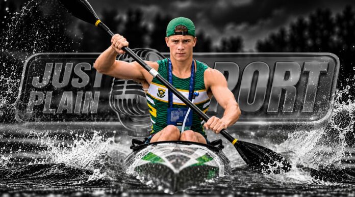 Keegan Vogt racing the junior men's K1 short course at the 2026 ICF Canoe Marathon World Championships in Gualeguaychú, Argentina