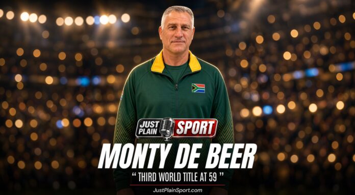 Monty De Beer of South Africa after winning Veterans-E 100 kg freestyle gold at the 2026 Veteran World Championships