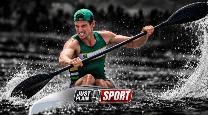 Hamish Lovemore on the podium after winning the men's K1 short race at the ICF Canoe Marathon World Championships