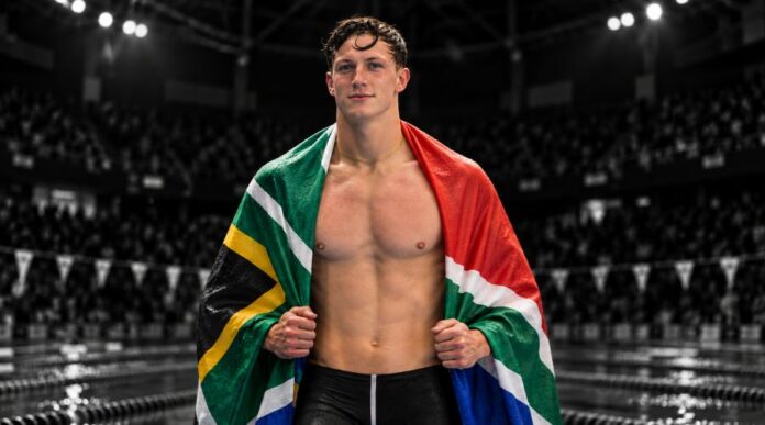Pieter Coetze after winning the 200m backstroke at the 2026 World Aquatics Swimming World Cup